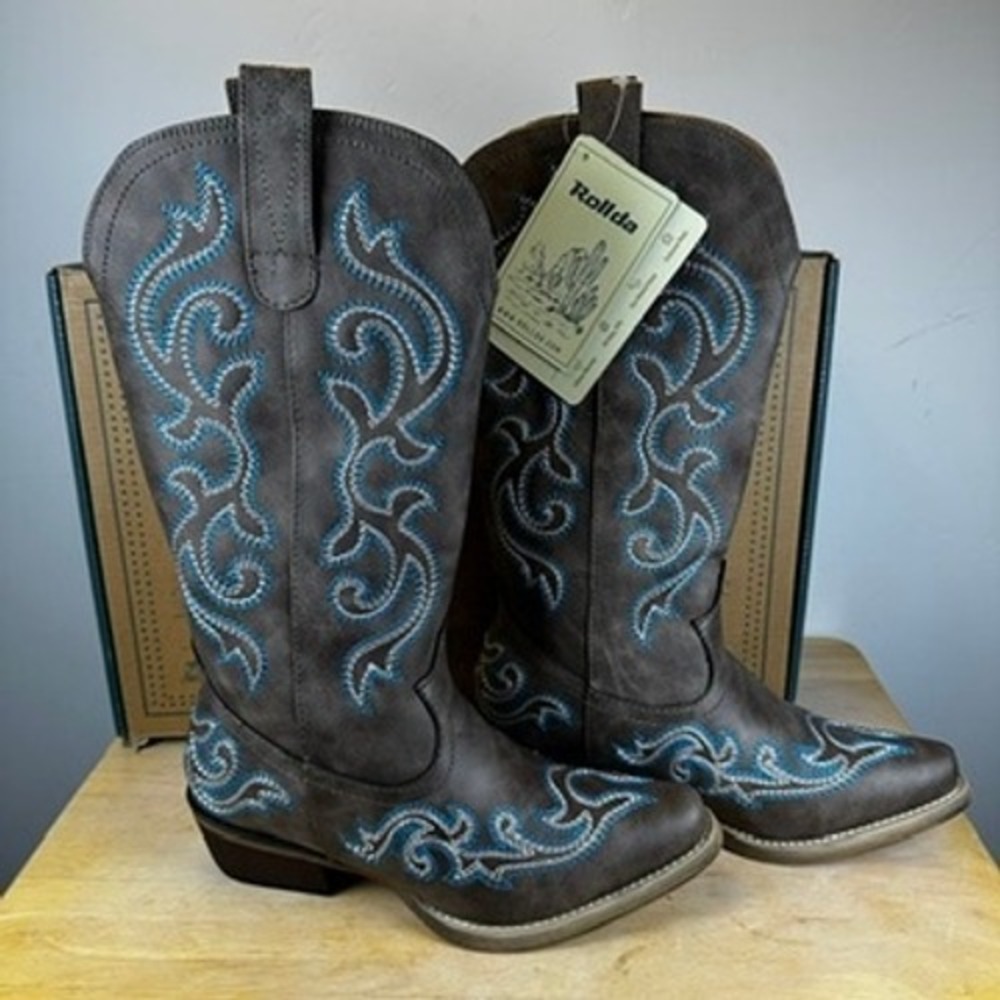 Rollda Cowboy Boots Women 6 Brown Blue Western Embroidered Mid Calf Snip Toe